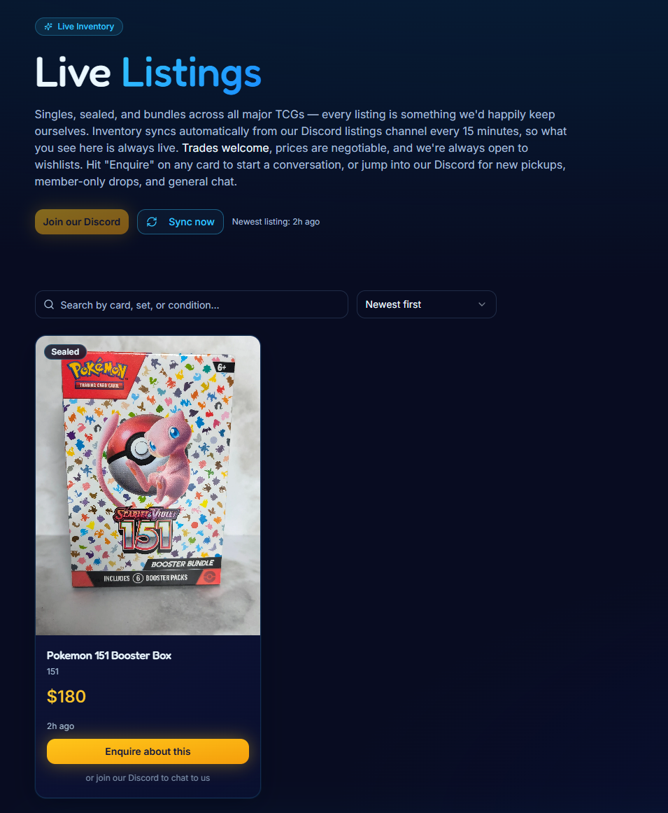Example TCG vendor website showing live listings synced from a Discord channel, with a Pokémon booster box priced at $180 and an enquire button